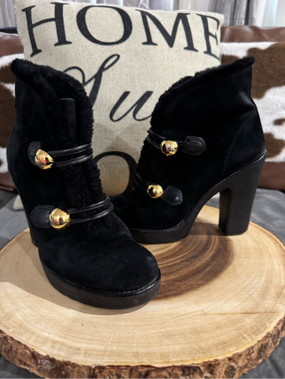 Coach Lenora Black Suede Platform Ankle Boots with Gold Buttons